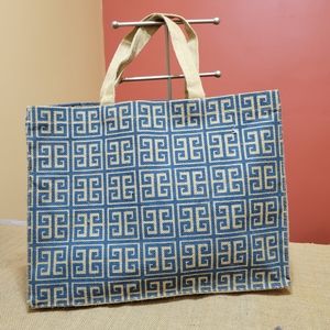 Geometric Blue Pattern on Tan Natural Structured Jute Tote Shopper